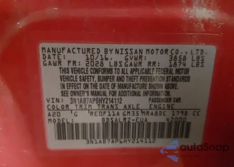 2017 Nissan Sentra Sr из США, поврежденный, VIN 3N1AB7AP6HY214112